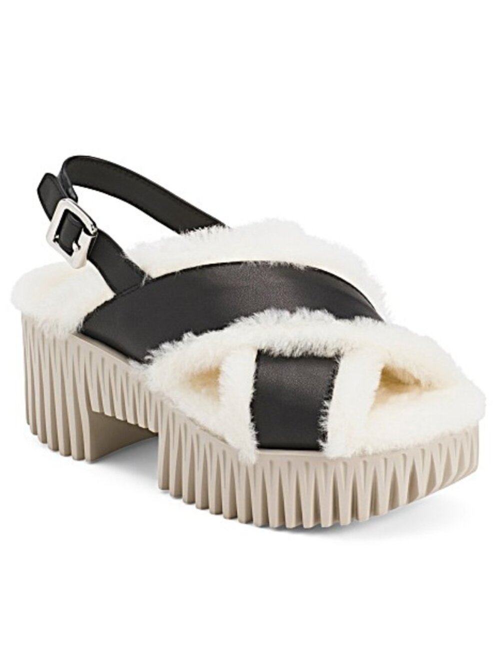 4CCCCEES Leather Plia Puffy Heeled Faux Fur Lined Sandals